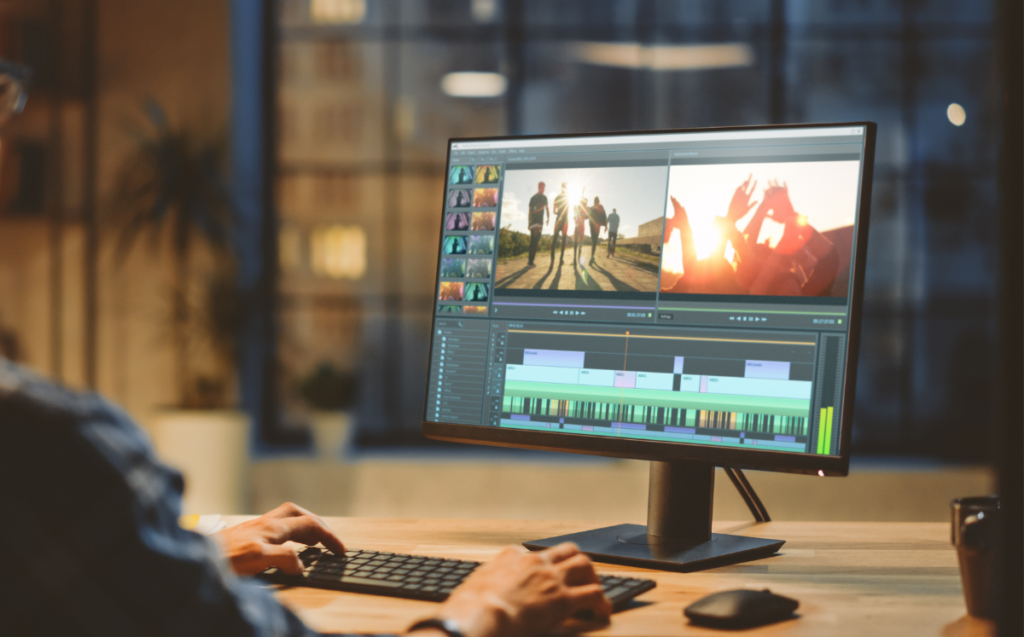 Close-up image of a video being expertly edited on a high-resolution digital screen, depicting the process of enhancing social media content using top video editing apps of 2023.